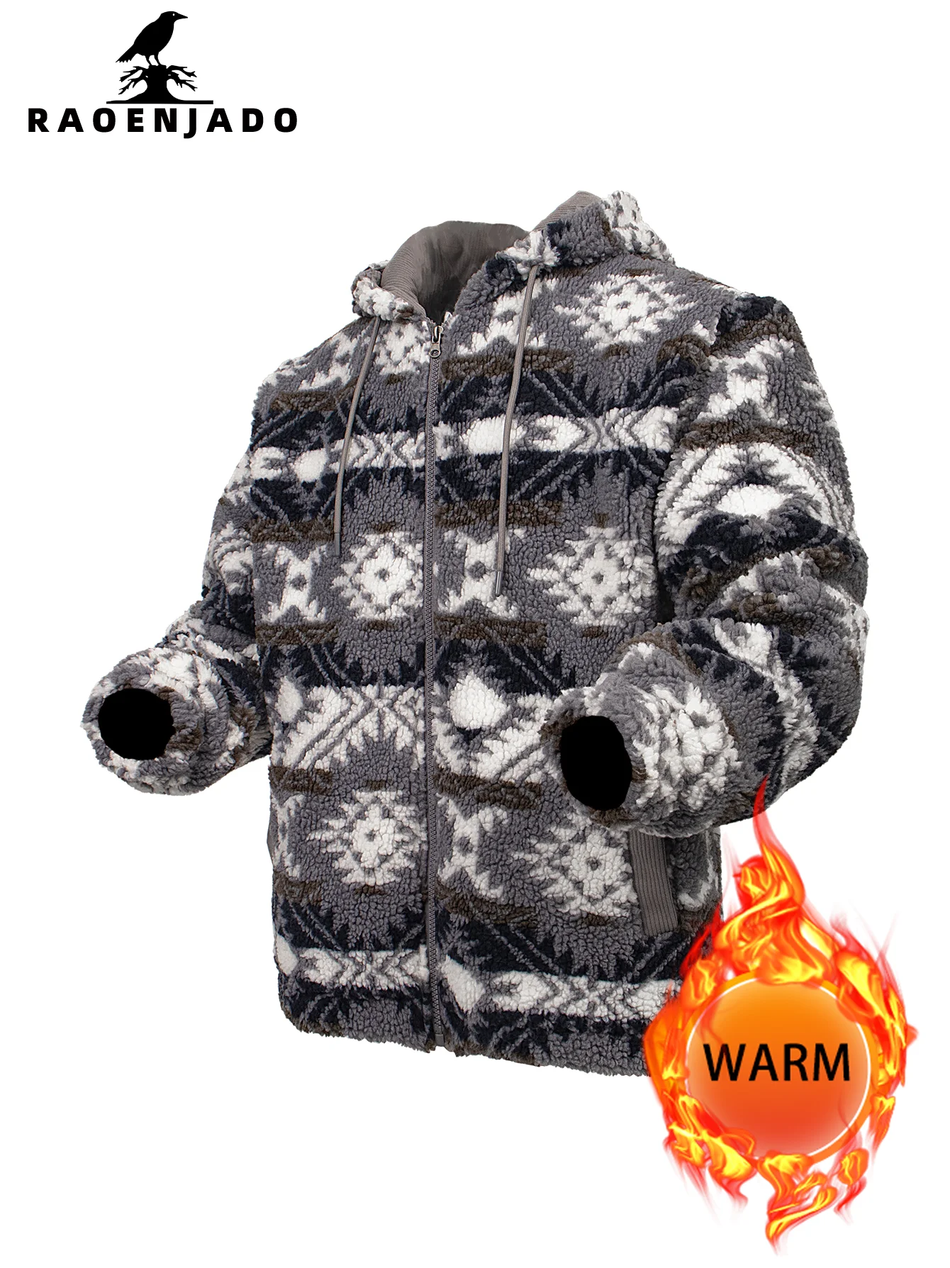 

Men's Fleece Hooded Zip Jacket Thickened Warm Autumn&Winter Outerwear Long Sleeve with Pocket Vintage pattern Casual Loose Coat