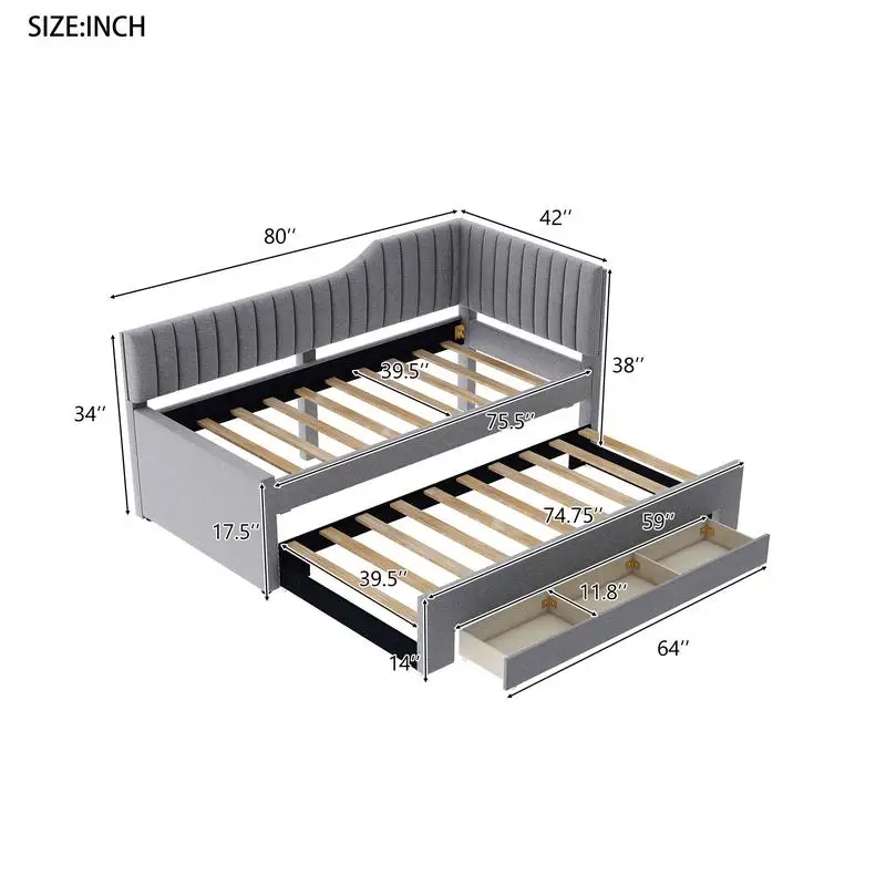 سرير نهاري منجد باللون الرمادي مع دولاب و3 أدراج - حل أثاث غرفة نوم أنيق وعملي