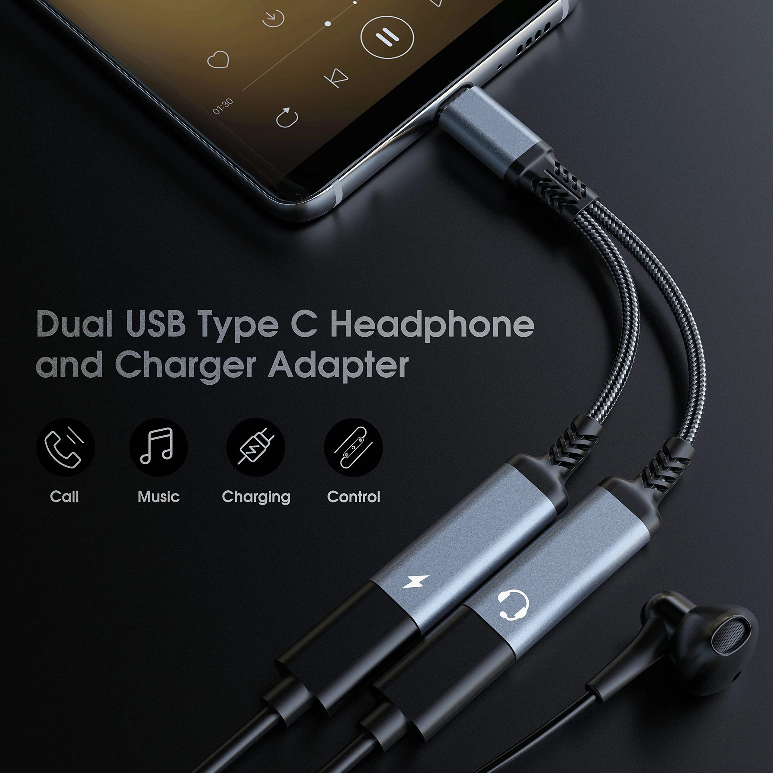 2 W 1 3.5mm kabel Audio USB C typ C Splitter do podwójnego typu USB C Audio słuchawki dla iPhone 15 Samsung Huawei 60W szybkie ładowanie