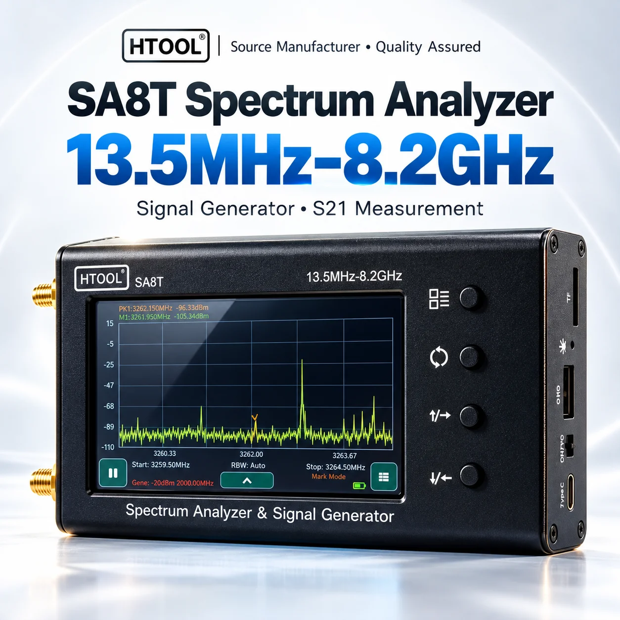Handheld Spectrum Analyzer HTOOL SA8T 13.5MHz-8.2GHz Signal Generator S21 Measurement 4-Inch IPS Touchscreen 0.75s Full-Band Swe
