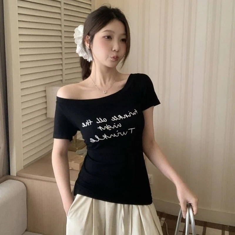 

Summer Letter Print Short Sleeve T-shirt Hot Girl Sexy Off-shoulder Irregular Slim Top