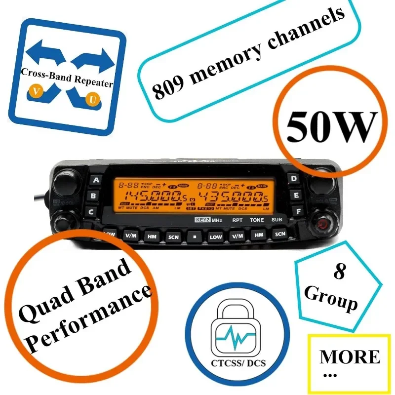 Transceptor móvel TYT-Quad Band, Dual Band, 50W, Cross-Band, 10m, 6m, 2m, 70cm, A + B, rádio em dois sentidos, TH-9800D