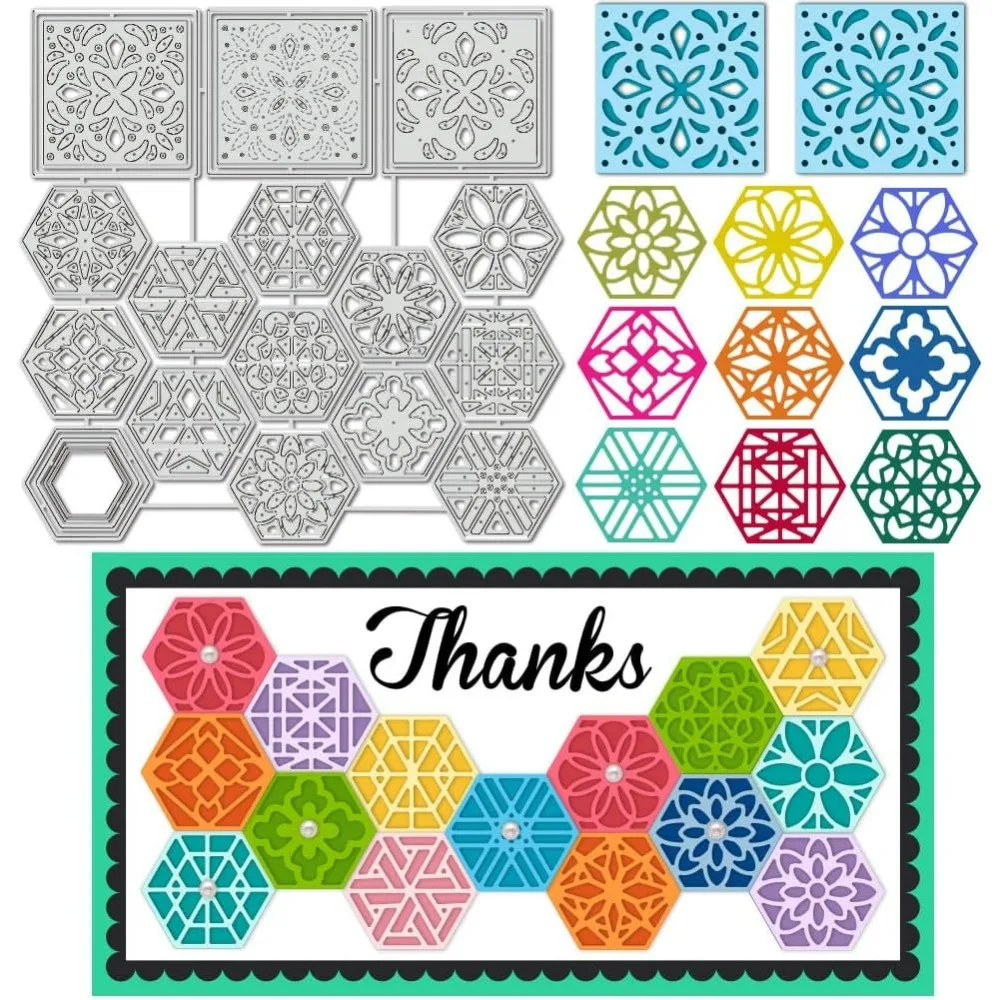 Honeycomb Metal Cutting Dies Stencils, Hexagon & Square Floral Die Cut, Layered Card Background Embossing Metal Templates for