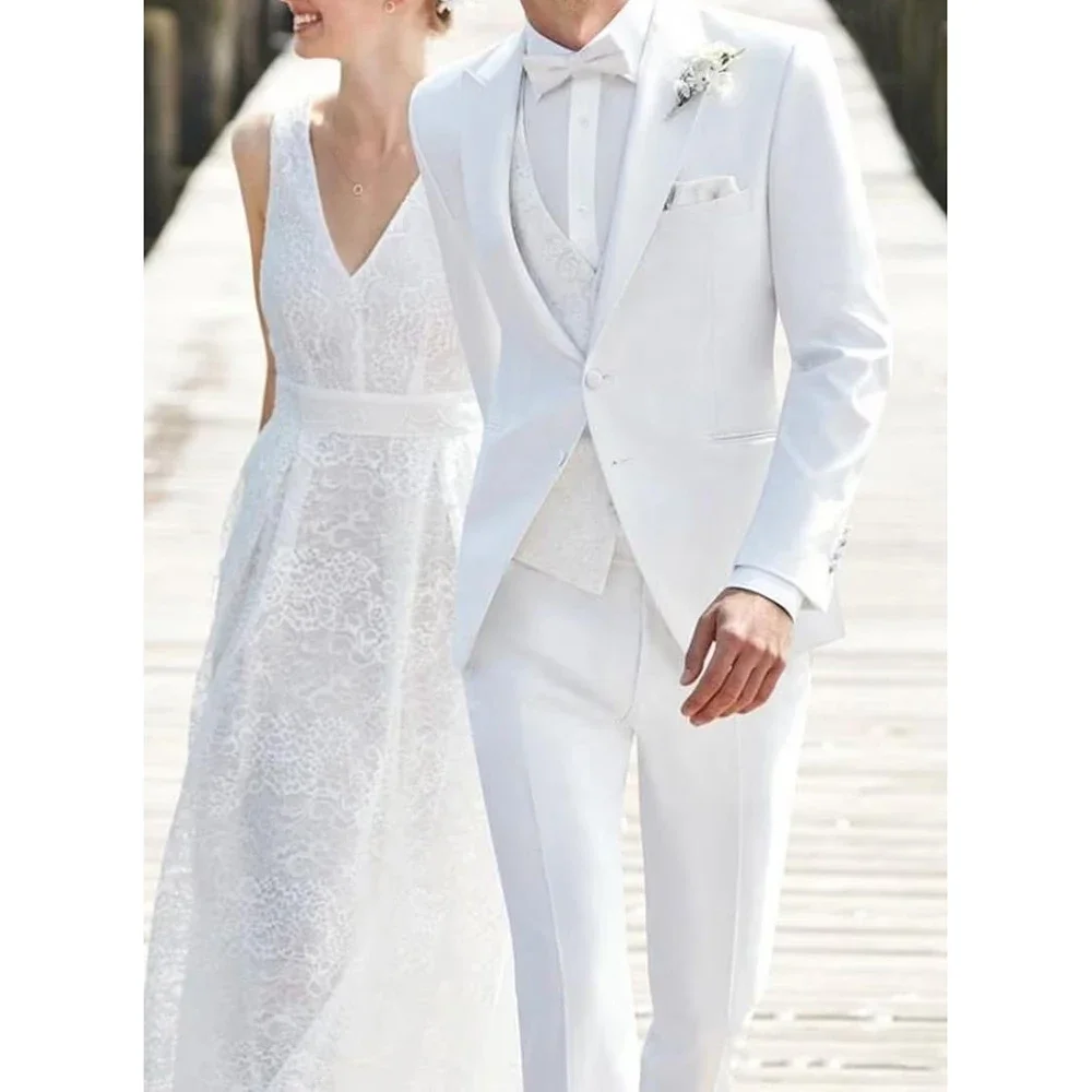 

Elegant Weeding Groom Men's Suits 3 Piece Jacket Pants Vest Single Breasted Peaked Lapel Formal Male Clothing Customized Blazer