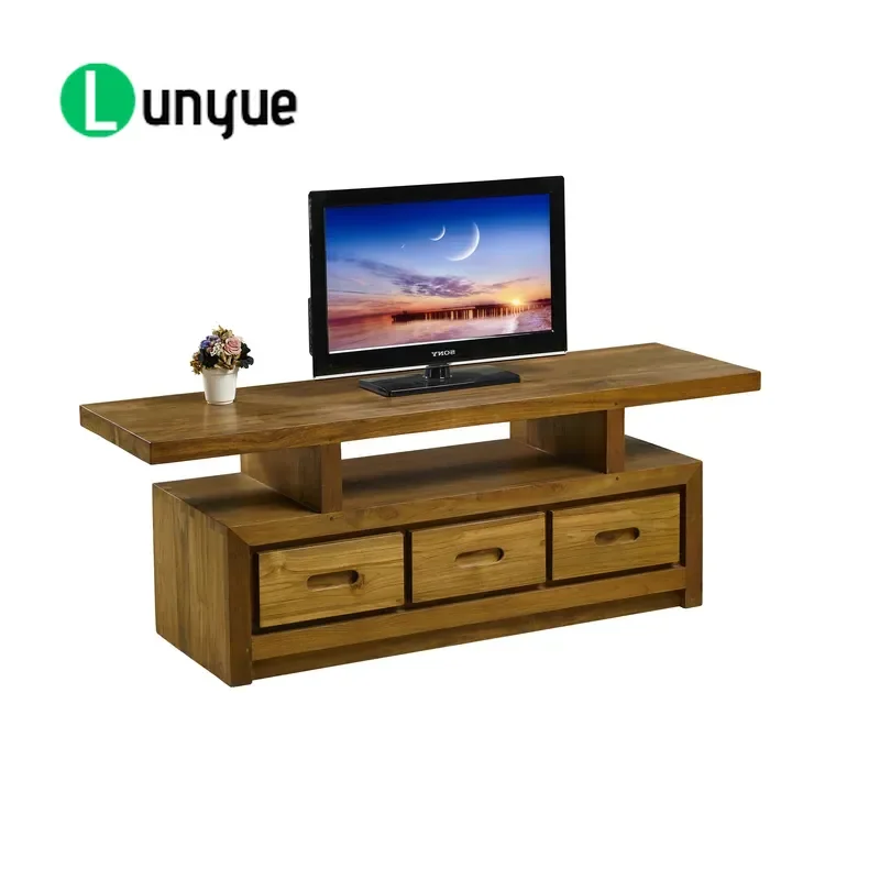 Modern Country Teak TV Cabinet with 3 Drawers Weathered Wood Scratch Resistant Finish for Living Room Furniture Storage