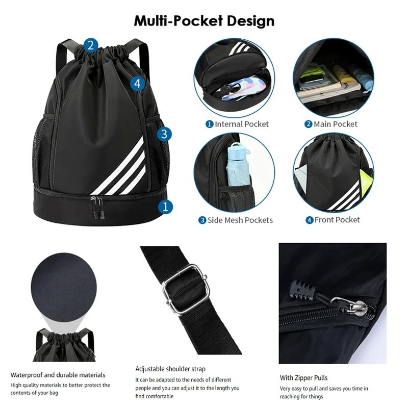 Sacs à dos étanches multi-poches pour sports de plein air, football, proximité, sac à dos de gym, voyage, randonnée, ficelle Piazza