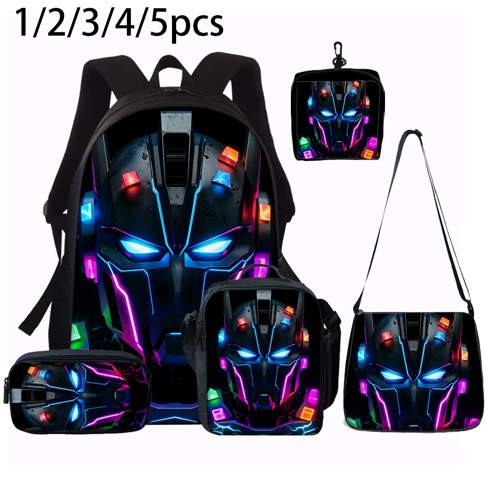 1/2/3/4/5PCS Cartoon Robot Print Backpack Set | Roomy Large-Capacity Backpack | Perfect for Student School & Daily Travel