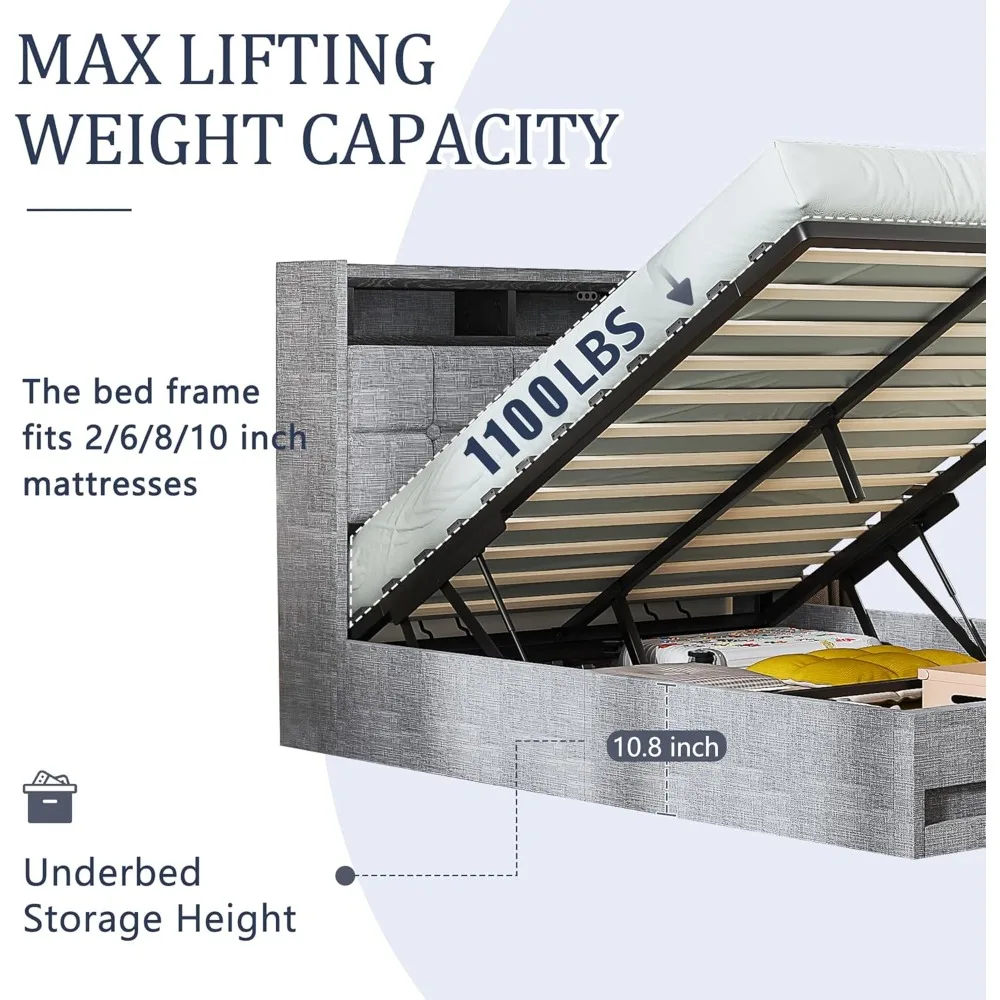 سرير تخزين رفع بالحجم الكامل من VECELO، إطار سرير بمنصة منجدة مع أضواء LED ذكية ومحطة شحن USB، بدون صندوق Spri