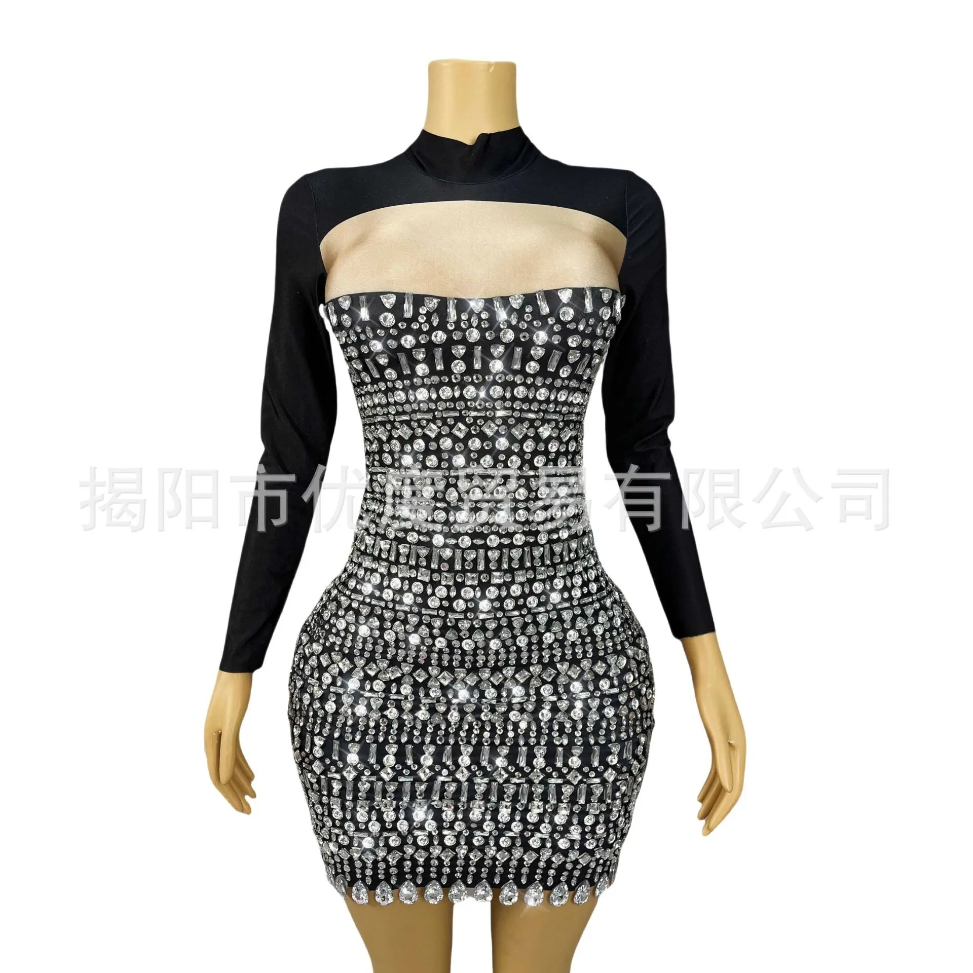 تصميم تحسس الرقبة العالية كم طويل DJ استقبال مشرق منظور شبكة الراين عيد ميلاد ليلة فساتين الكنيسة باردة للمرأة