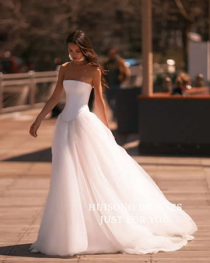 

HUISONG Customized Boho Wedding Dresses Sleeveless A-Line Beach Bridal Gown vestidos de novia