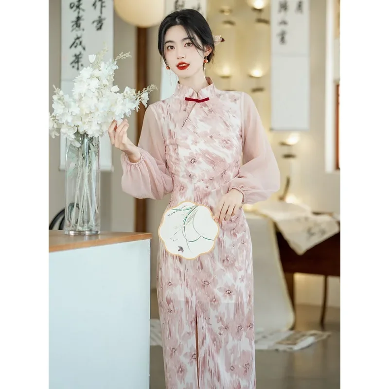 Traditionelle Qipao-Kleidung für Damen, rosa Stehkragen, langärmelig, modernes Cheongsam, chinesisches Abendkleid, festliche Party-Kostüme