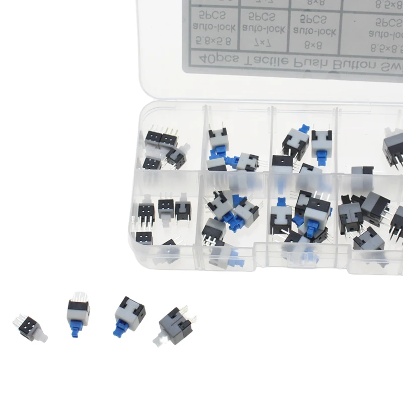 40Pcs 8Values Self-locking Tactile Switch Auto Lock Reset Push Button Micro Switch 5.8-8.5mm