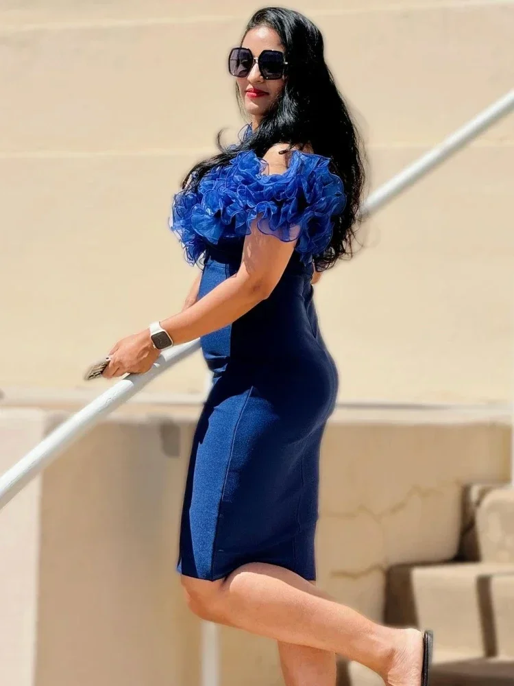 เซ็กซี่ปิดไหล่ Ruffles Midi ผ้าพันคอผู้หญิงสีฟ้าตาข่าย Ruffled Bodycon Dresses Elegant ไนท์คลับชุดราตรี Gowns