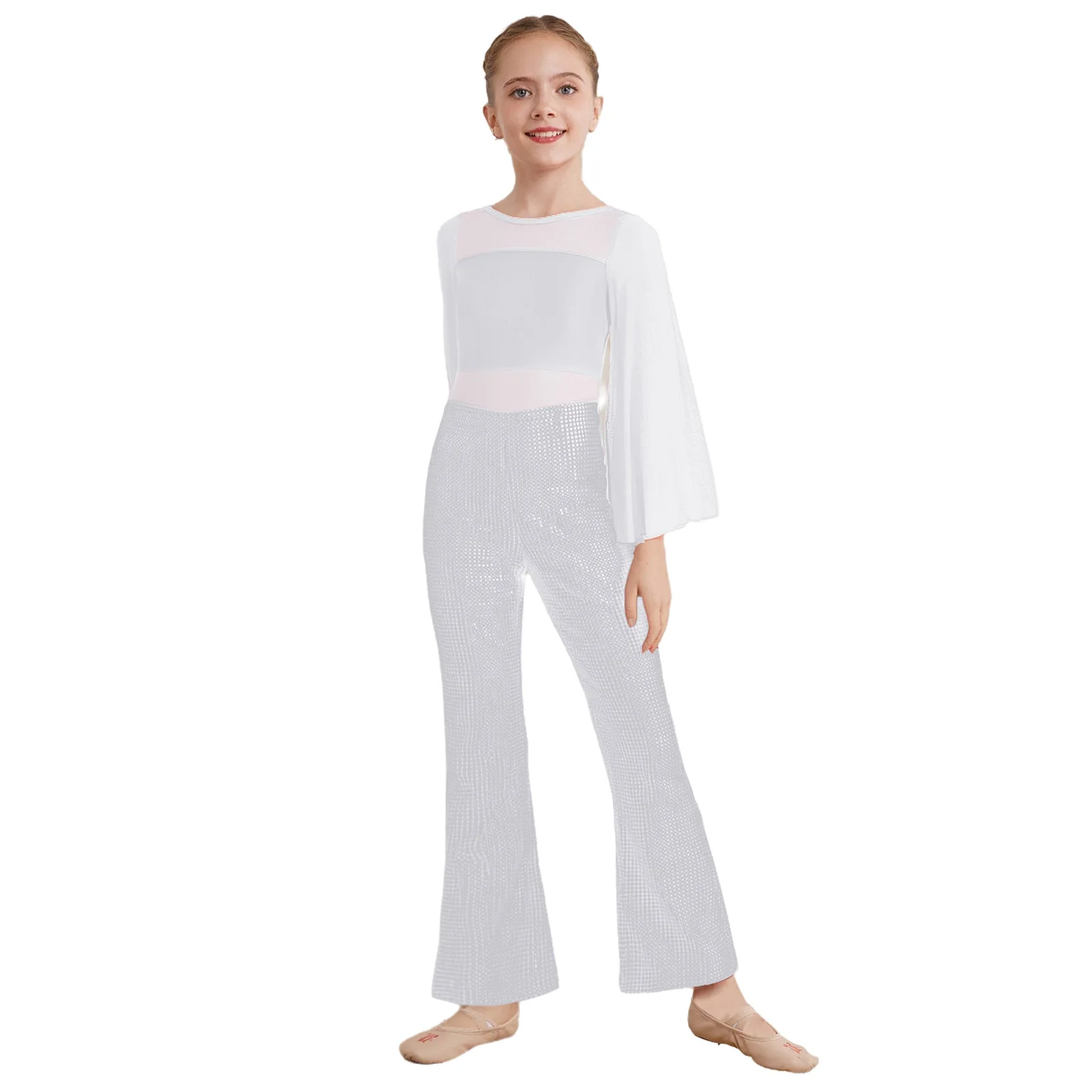 Tuta metallizzata per bambina, balletto jazz, sala da ballo, costumi per spettacoli di danza, fondo a campana, tuta intera, spettacolo scolastico, abiti da festa