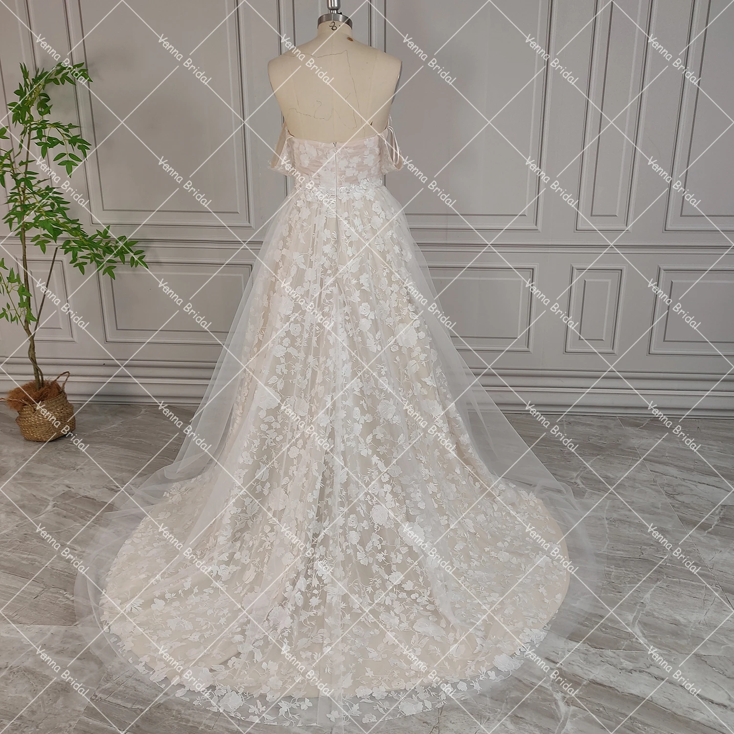 Romantische Kant Sweetheart Echte Foto's Trouwjurk Off Schouder Hoge Split Cross Zachte Tule Aangepaste Big Size Bruidsjurken