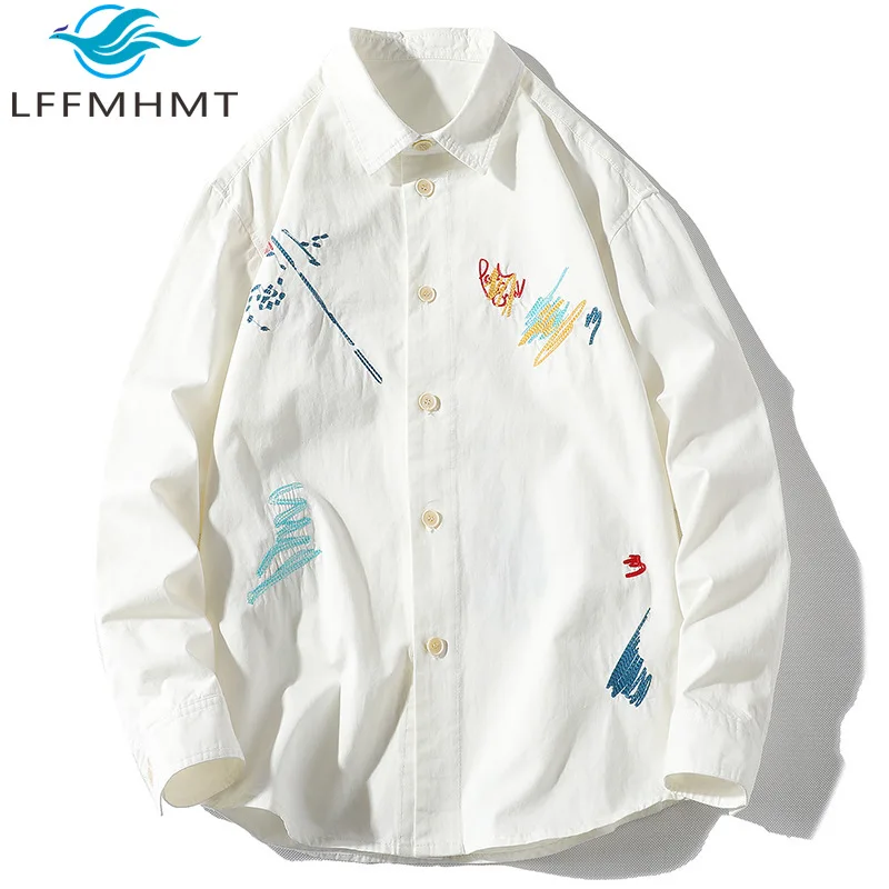 Creative Embroidery Graffiti Pattern Casual White Shirt for Men 100% Cotton Loose Casual Long Sleeve Korean Style Lapel Blouses
