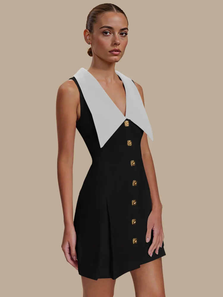 Blifanbo Mini abito elegante con fibbia in metallo per donna senza maniche a vita alta Slim patchwork pieghettato con cerniera A-line Club Party Dress