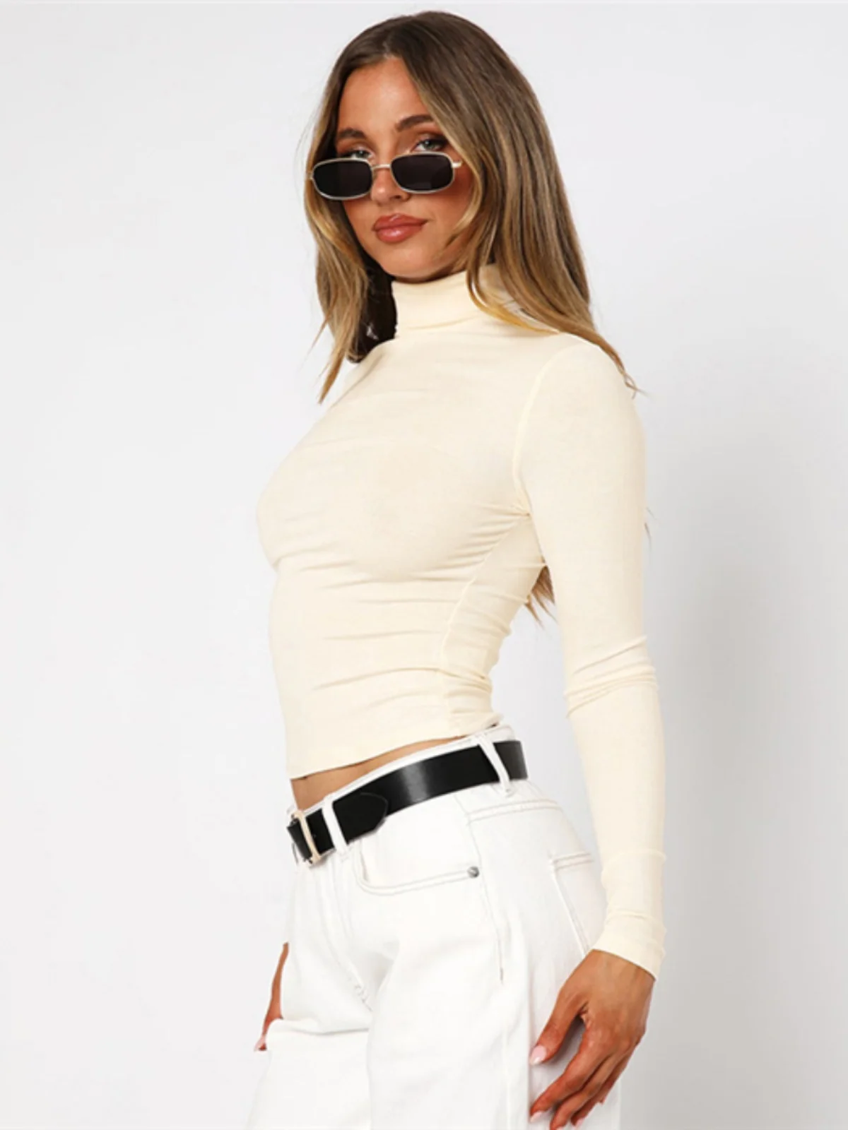 Slim Fit Casual  Color Long Sve High Collar T irt Women's Sexy Top Street Sle Faion Chinese Brand ex Clothing
