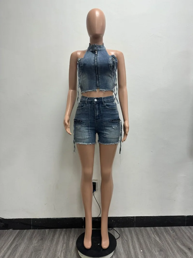 Women Fashion Zippers Ribbon Tassel Denim 2 Piece Set Zipper Halter Backless Tank Crop Tops + High Waist Button Fly Shorts Suits