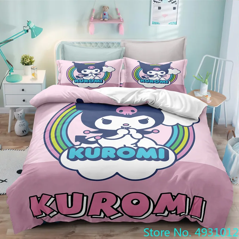 

Комплект постельного белья Sanrio Kuromi с мультипликационным аниме Kuromi Melody, пододеяльник, наволочка, детский Готический Комплект постельного белья для девочек, двойной, Королевский размер