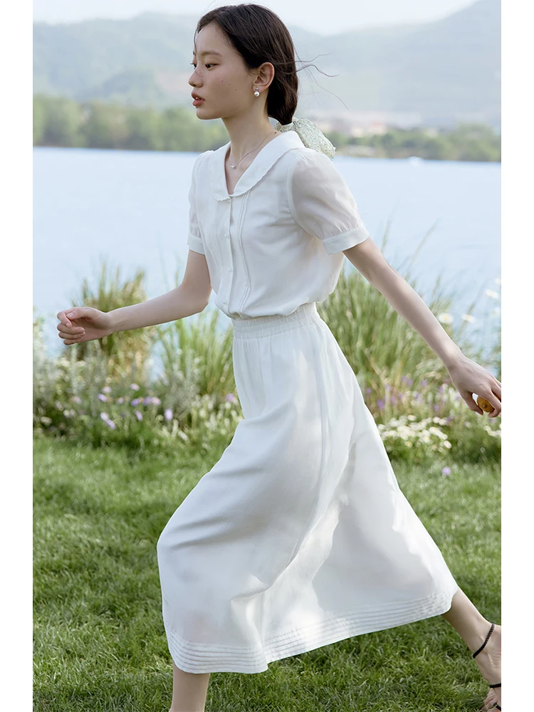 ZIQIAO Classic French Style White Shirt Long Skirt Women Suit 2024 Summer All-match Casual Two-pieces Suit 24ZQ92295 24ZQ92419