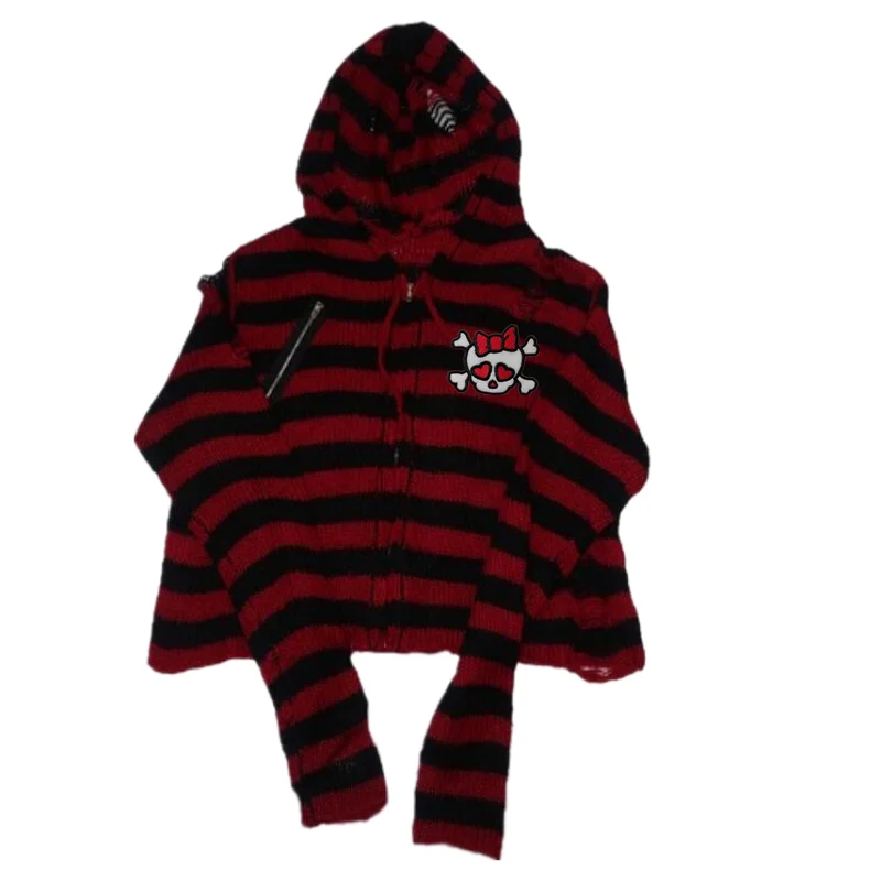 Women Sweater Harajuku Gothic Girl Skull Striped Knitted Sweater Punk Rock Zipper Loose Hooded Short Cardigan Chic Streetwear