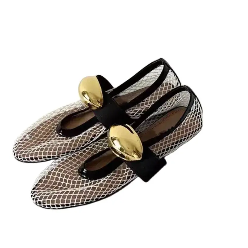 2024 Women Mary Jane Flat Heels Mesh Buckles Cut Outs Ventilate Black Casual Summer Round Toe Shoes Woman Size 34-43