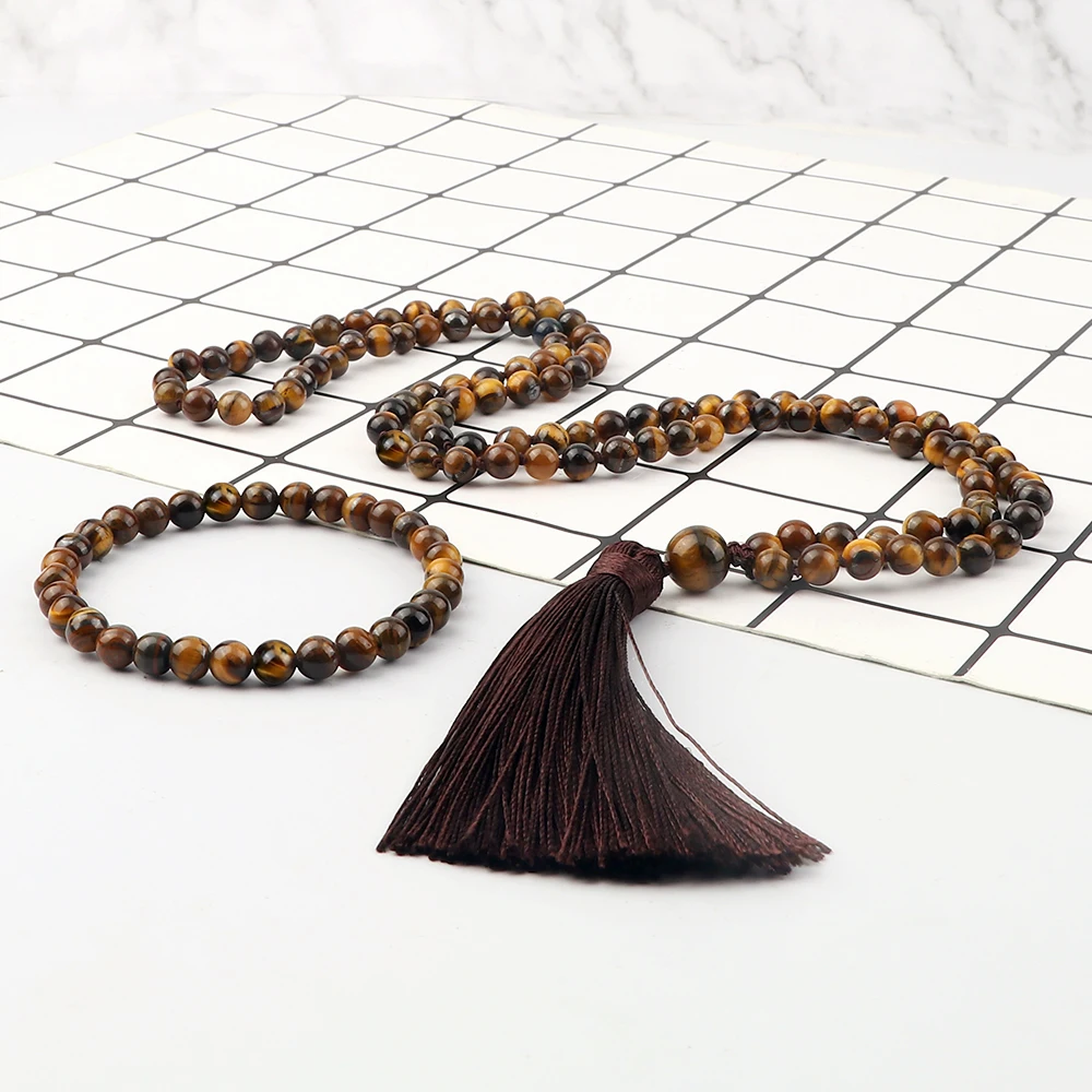 マット & 光沢のある黒のポニーラビーズネックレス,女性と男性のための手作りの結び目ジュエリーセット,ヨガ,瞑想,108