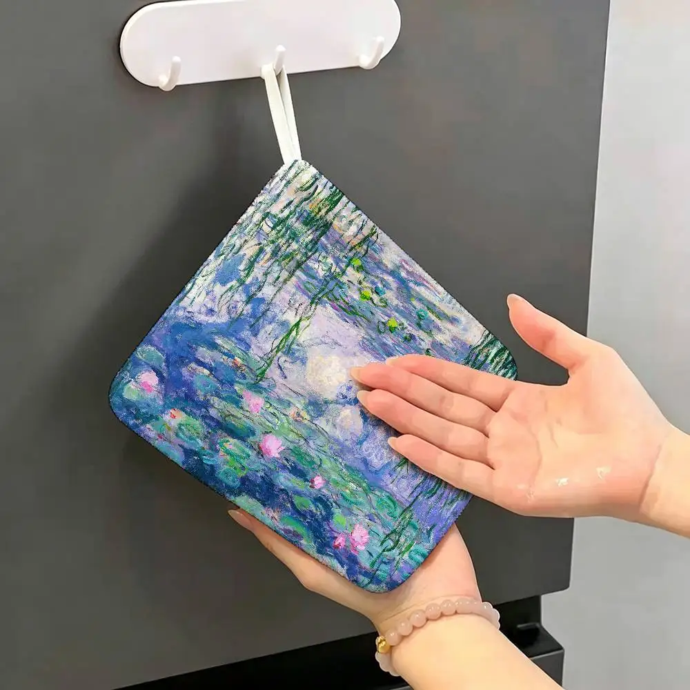 Water Lilies Claude Monet Fine Art Polyester Cotton Hand Wiping Towel with Hanging Loop, Lightweight for Home and Commercial Use