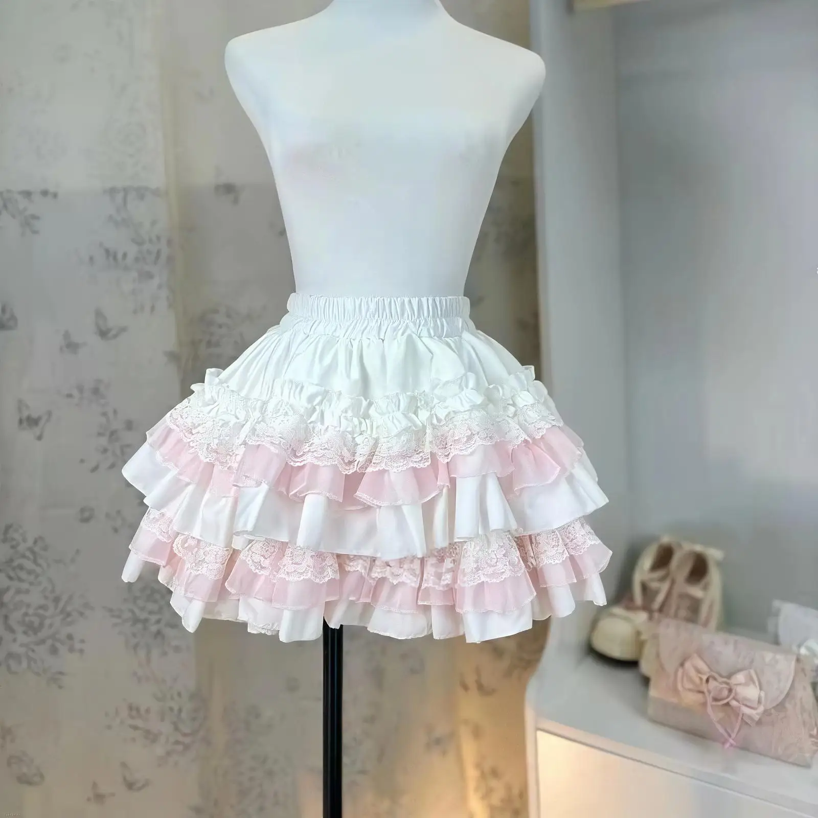 Damen Kawaii Lolita Tüllrock mit hoher Taille, Spitzenrüschen, gestufter Minirock in Weiß-Rosa-Farbblock, süßer Prinzessinnen-Kurzrock – Detail 2
