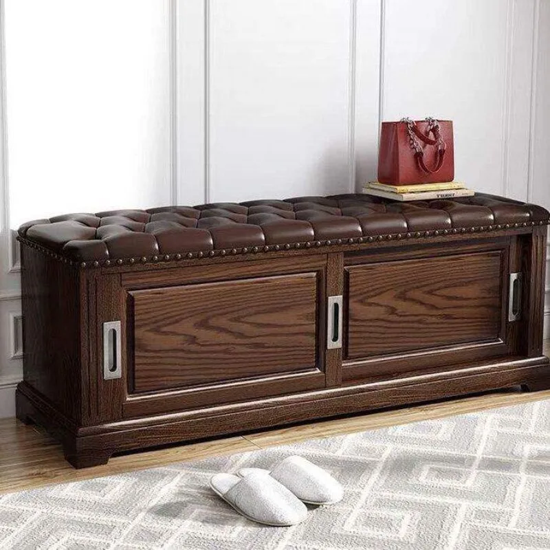 All solid wood leather cowhide modern simple door change shoe stool shoe cabinet seated shoe cabinet home door