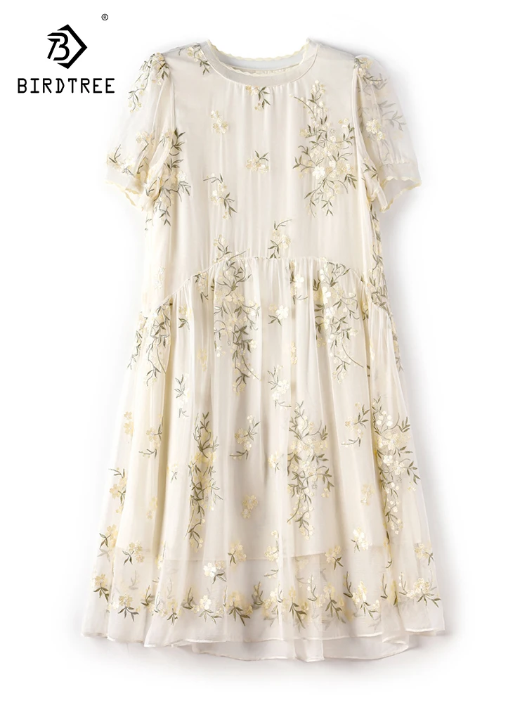 Birdtree 100%Mulberry Silk Embroidered Elegant Dress 2023 Summer Autumn Puff Sleeve Middle Waist Show Thin Girl Dress D3N219QC