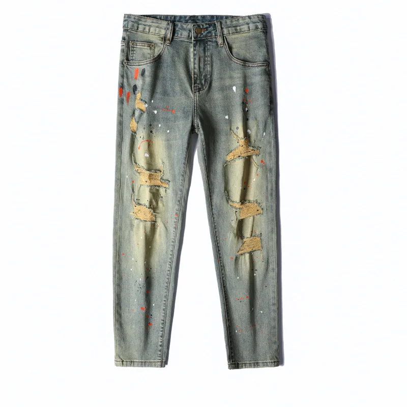 

High end distressed retro jeans men's nine inch slim fit small feet splashed ink 2025 spring/summer new elastic trendy pants