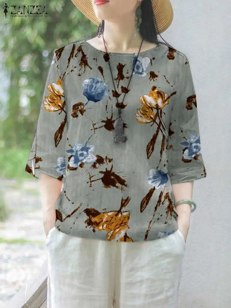 ZANZEA 2024 Summer 3/4 Sleeve Bohemian Shirt Women Floral Print Blouse Vintage Cotton Linen Tunic Casual Loose Crewneck Tops