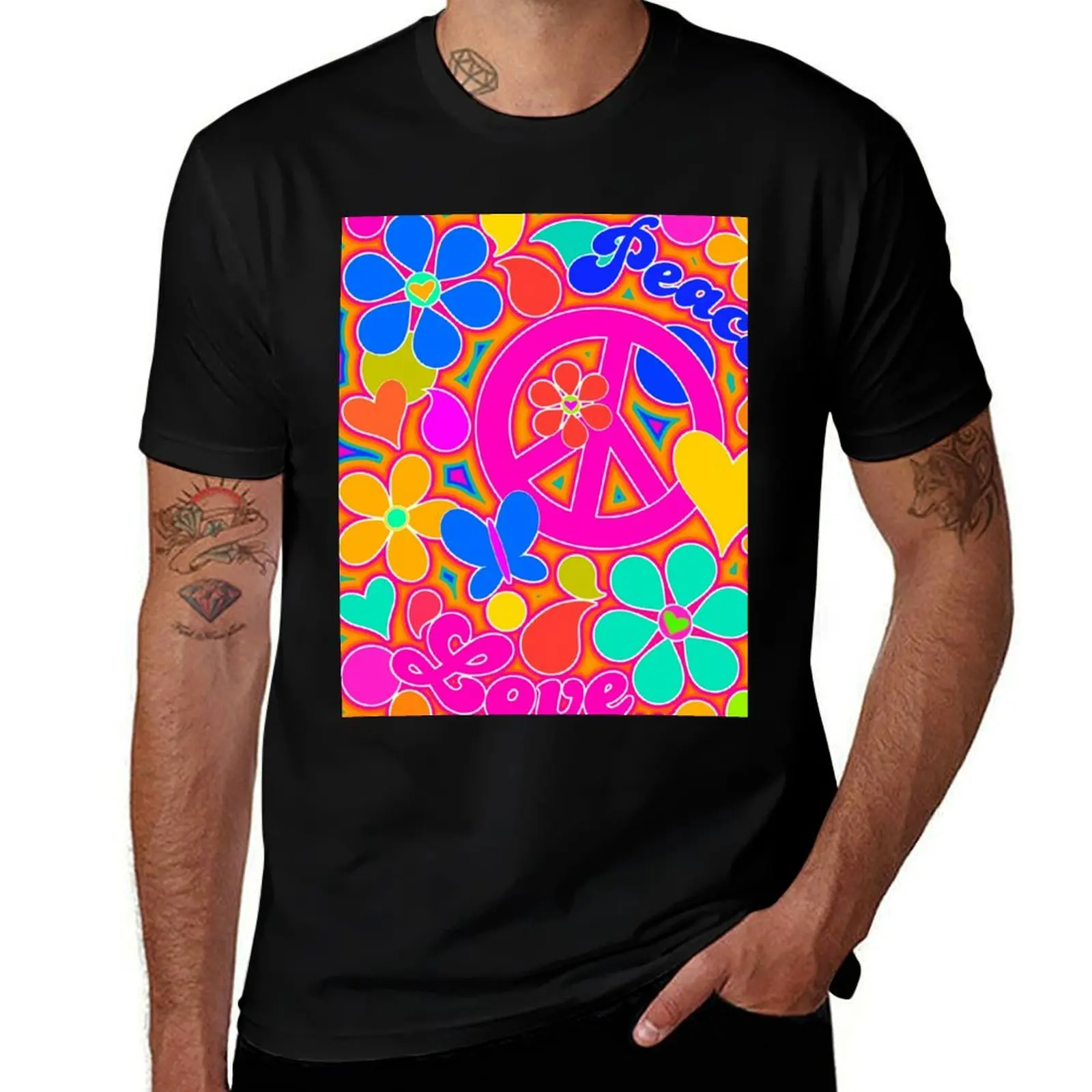 Bright Pop Art Colorful Peace and Love Flower Power Art T-Shirt hippie clothes cute clothes funny t shirts for men