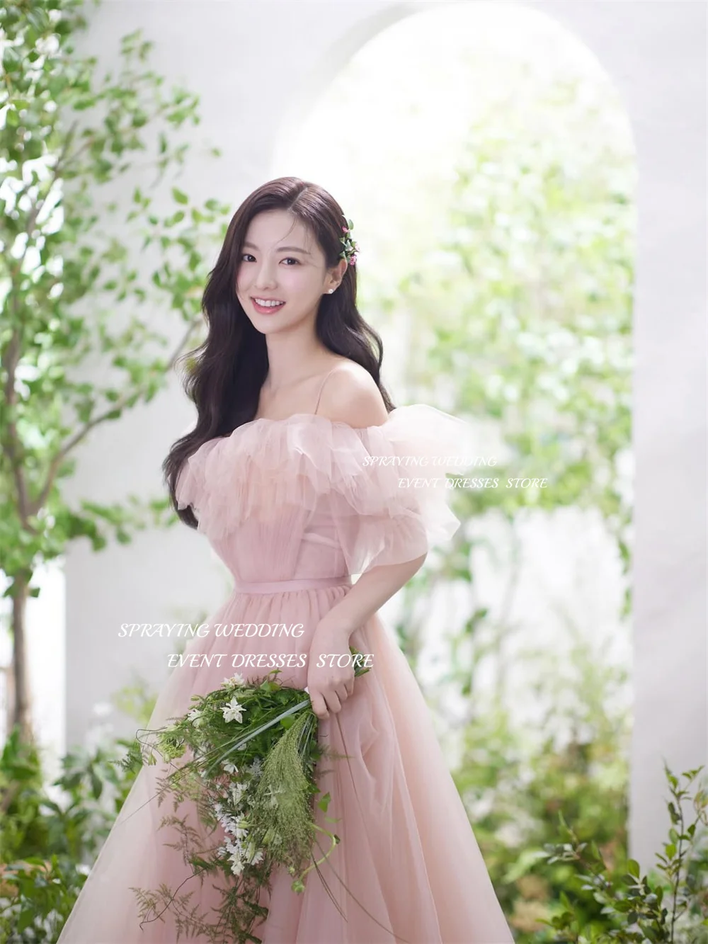 رش الجنية تول حزام فساتين السهرة كوريا الزفاف صورة تبادل لاطلاق النار قبالة الكتف ألف خط فستان حفلة طويلة مشد مخصص 2026