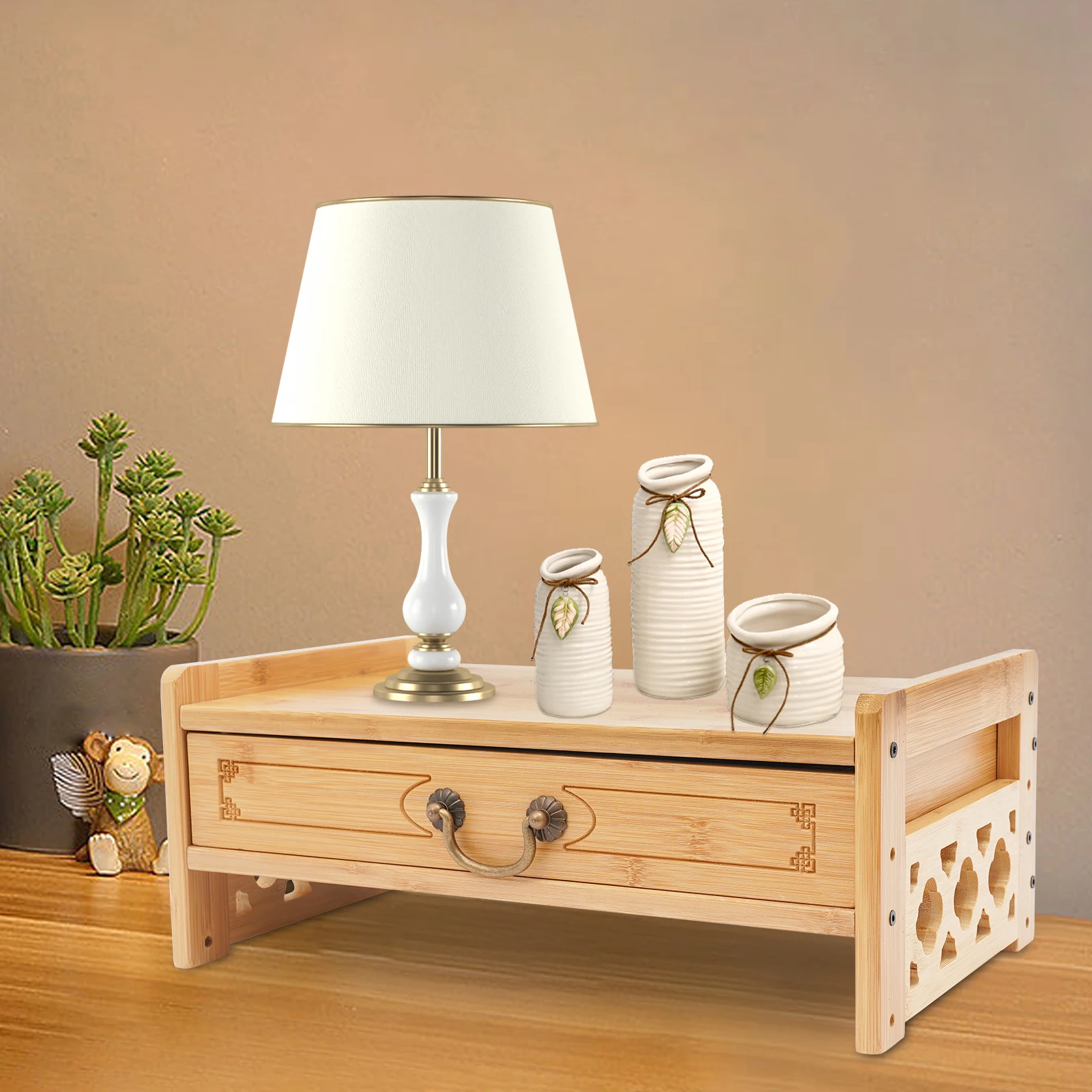 

Natural Bamboo Computer Desk with Drawers, Small Desk, Computer-aided Stand, Desktop Manager