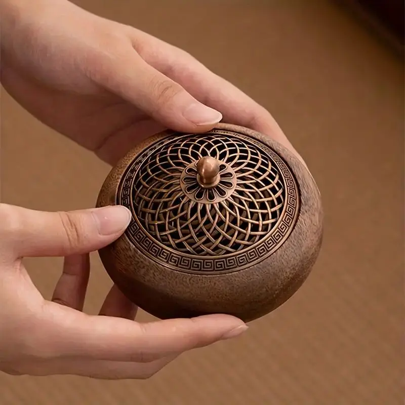 Solid Wood Round Incense Burner, Incense Bowl with Metal Incense Holder for Sandalwood Incense, Sage Cone and Frankincense