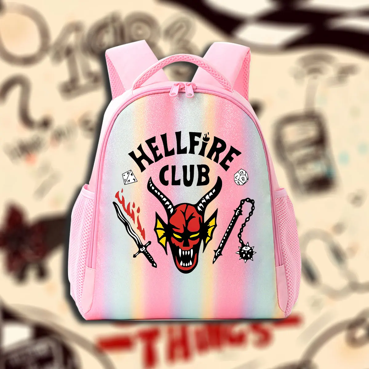 

Одиннадцать школьных ранцев, телесериал, радужно-розовый рюкзак с пайетками для странных вещей, сезон Демогоргон для клуба Hellfire