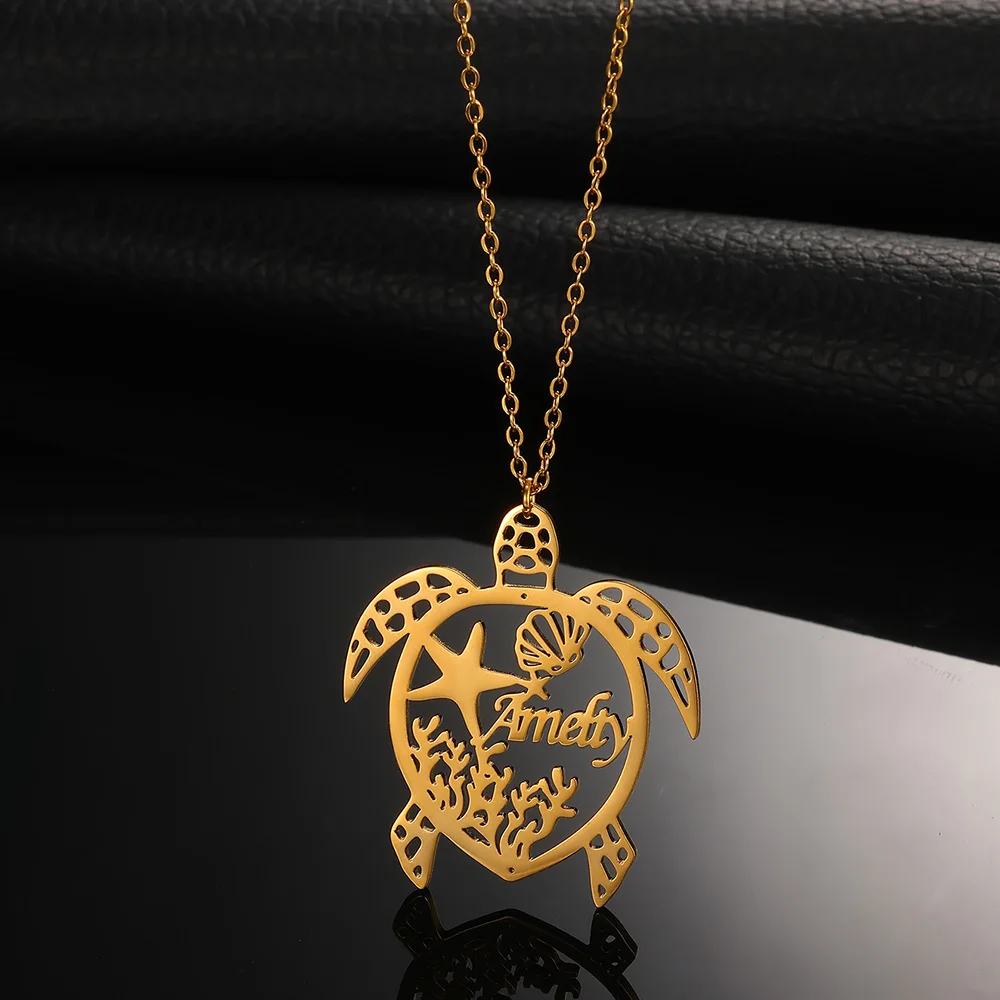 Custom Name Turtles Necklace for Women Fashion Personalized Name Collar Stainless steel Nameplate Choke Marine Creatures Jewelry