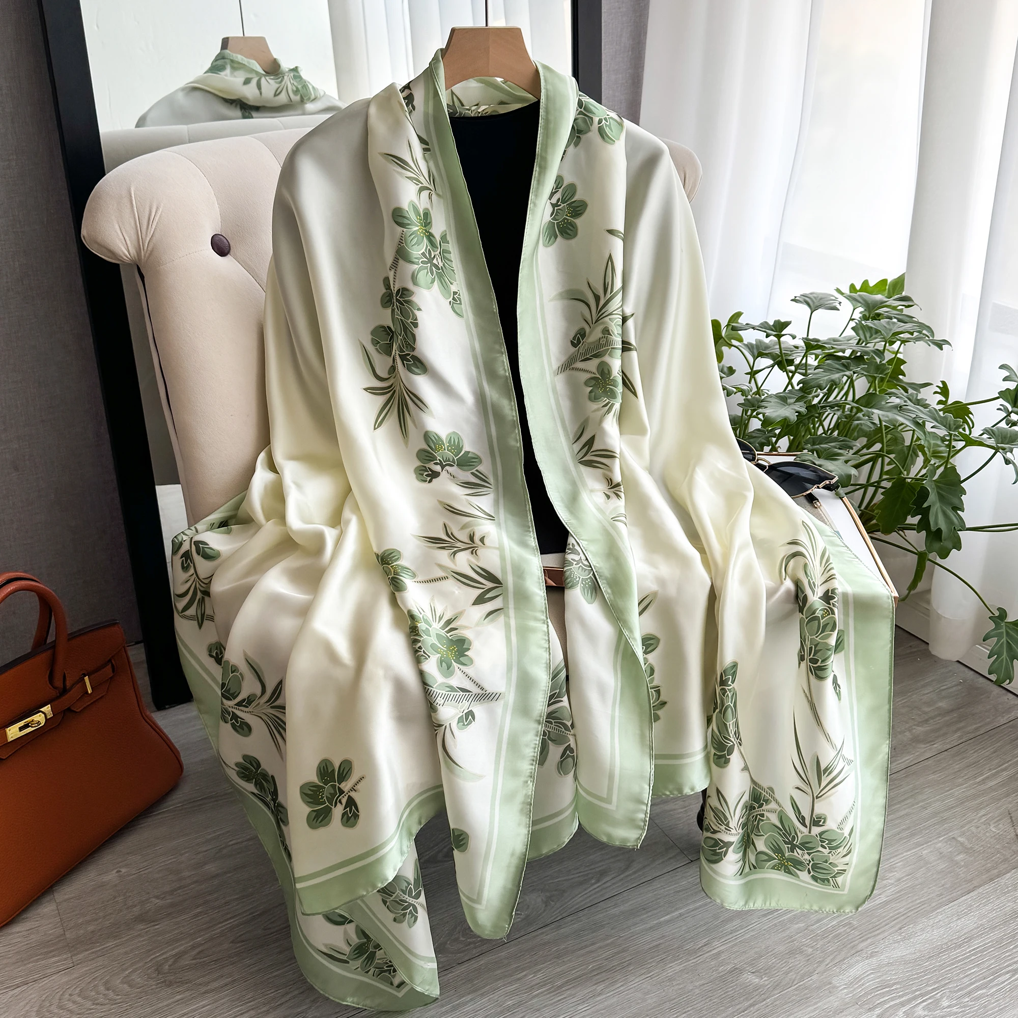 Klassischer Seidenschal 180x90cm für Damen, großer modischer bedruckter Schal für Büro, Hijab, Strandtuch, Bandana, Muffler, Pareo – Detail 5
