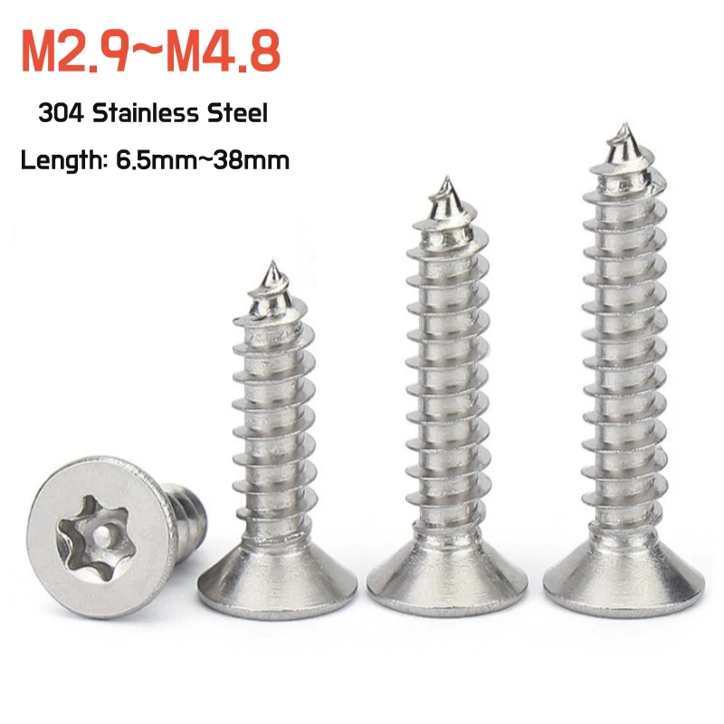 M2.9 M3.5 M3.9 M4.8 304 A2Stainless Steel Pin Six Lobe Torx Flat Countersunk Head Tamper Proof Security Self Tapping Wood Screw