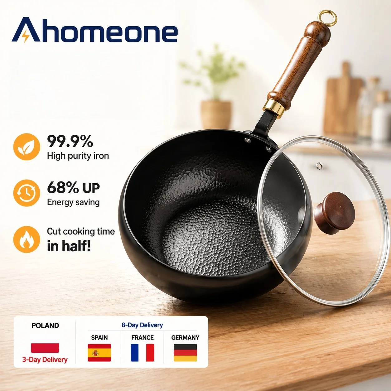Unbeschichteter Big-Belly-Topf, Antihaftpfanne, handgefertigte gehämmerte unbeschichtete Eisenpfanne 9,5 Zoll (24 cm), kleine Haushaltspfanne mit flachem Boden und Glasdeckel für Gasherd und
