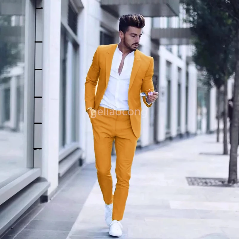 

2 Pieces Solid Fashion Elegant Men Suit Beach Wedding Tuxedos Peak Lapel Blazer Casual Wear Jacket+Pants Daily Costume Homme
