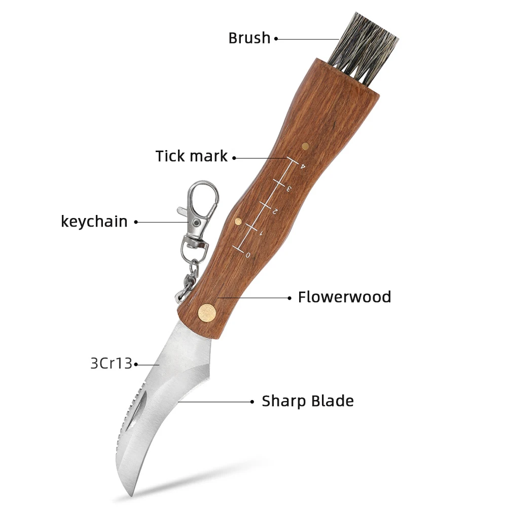 Outdoor Mini Camping Mushroom Knife Wooden Handle With Brush Portable Keychain Folding Knife Brush Hunting Survival Multi-Tool