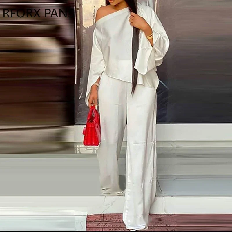 Women Solid Asymmetrical Flared Sleeves One Shoulder Wide Leg White Pants sets