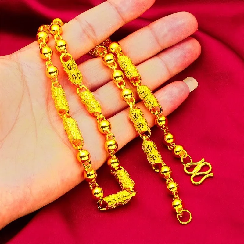 Gold store 9999 24K real gold copper coin bead necklace light luxury niche men's necklace fashion accessories