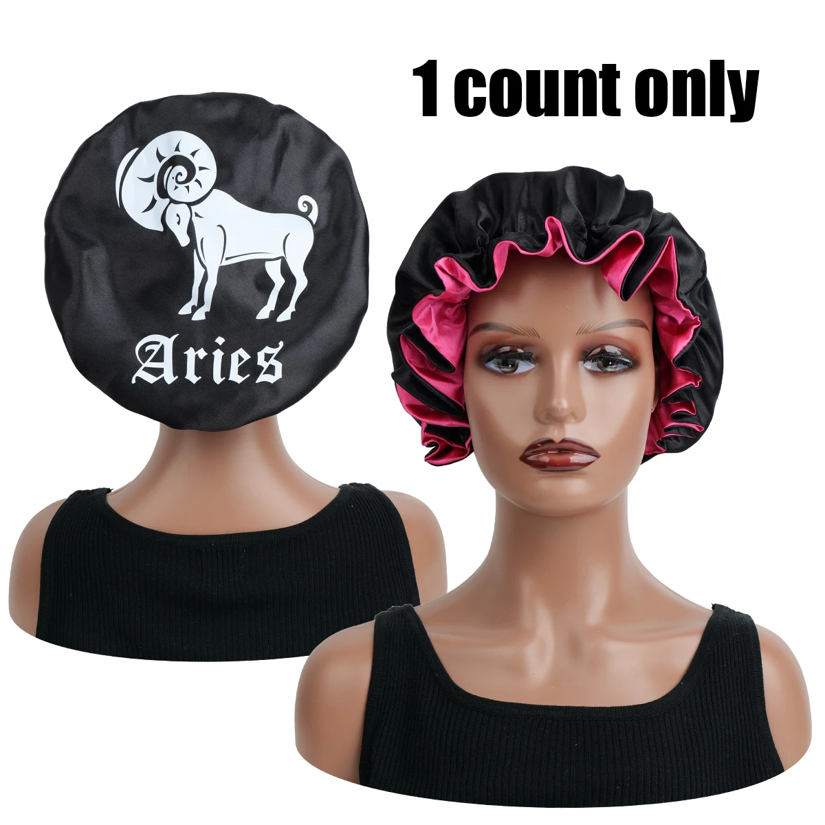 (1-Pack）Reversible Satin Sleep Bonnet with Hidden Zodiac Print-Adjustable Wide Band for Hair Protection,Makeup & Night Routines