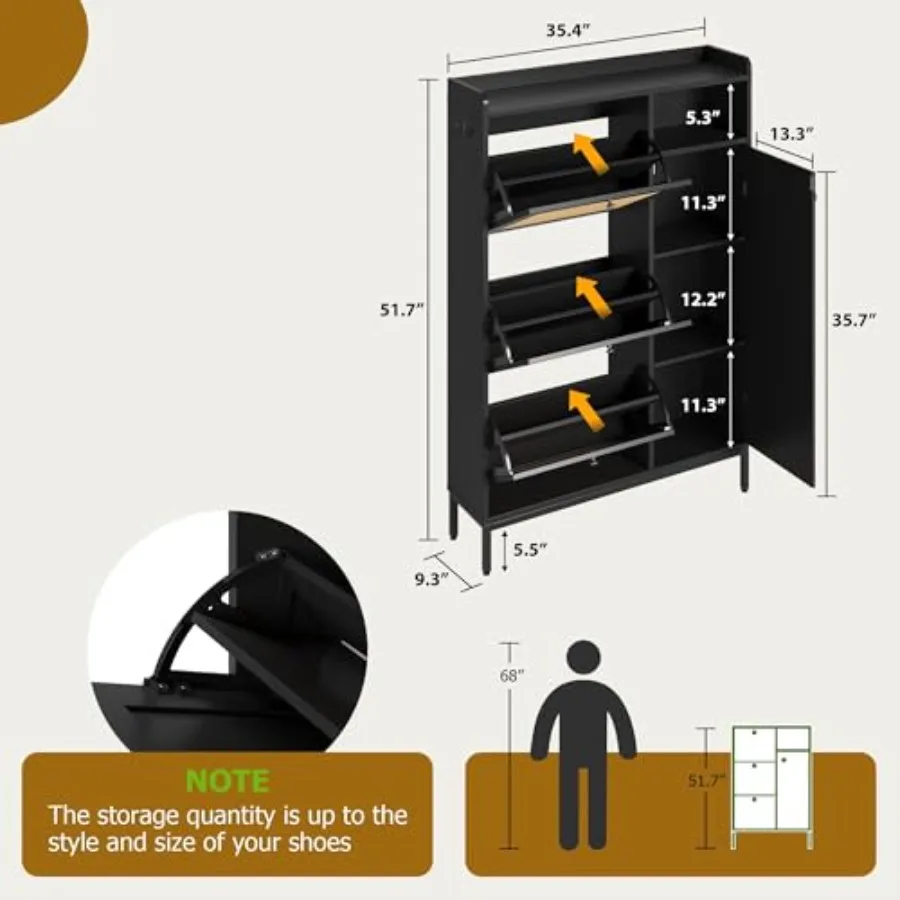 Upgraded Shoe Cabinet for Entryway 3 Turn Over-Style Drawers, 4-Tier Adjustable Shelf, Rattan Doors, Narrow Shoe Storage Organi