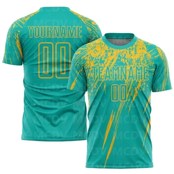 

Custom Aqua Gold Sublimation Soccer Uniform Jersey Short Sleeves Athletic Tee Shirts Unisex Top streetwear